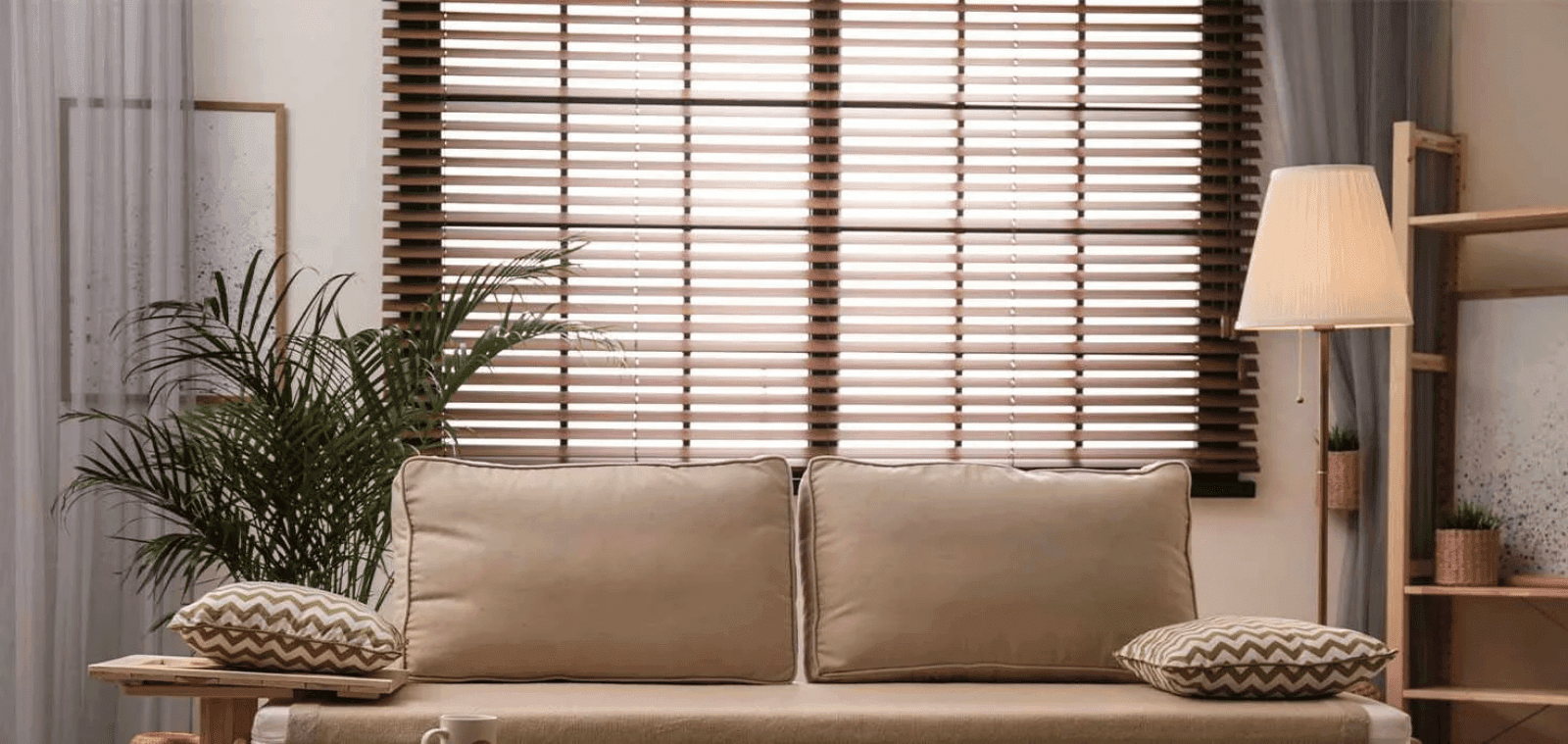 Wooden venetian blinds in a living room